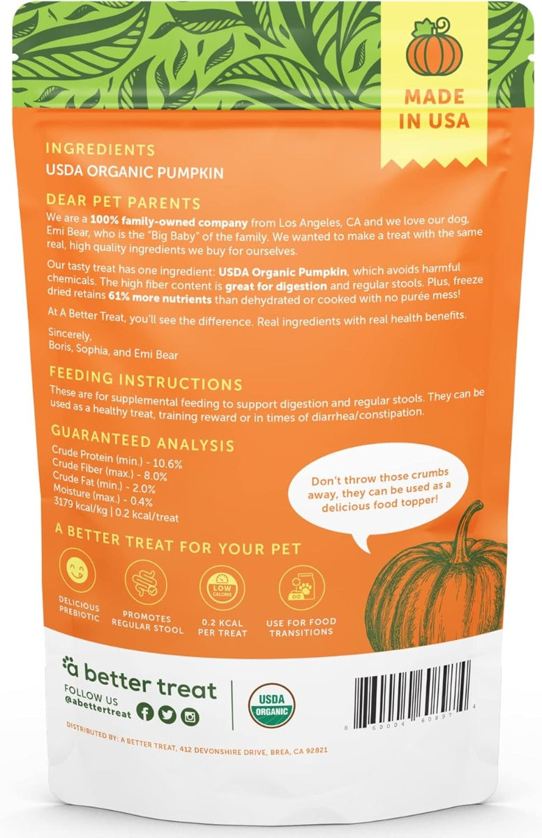 A Better Treat: Freeze Dried Raw Organic Pumpkin Dog And Cat Treats, 3 Oz