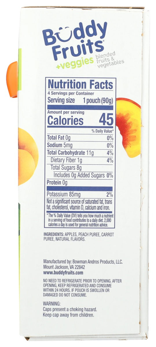 Buddy Fruits: Peach Carrot And Apple 4 Pouches Blended Fruits And Vegetables, 12.8 Oz