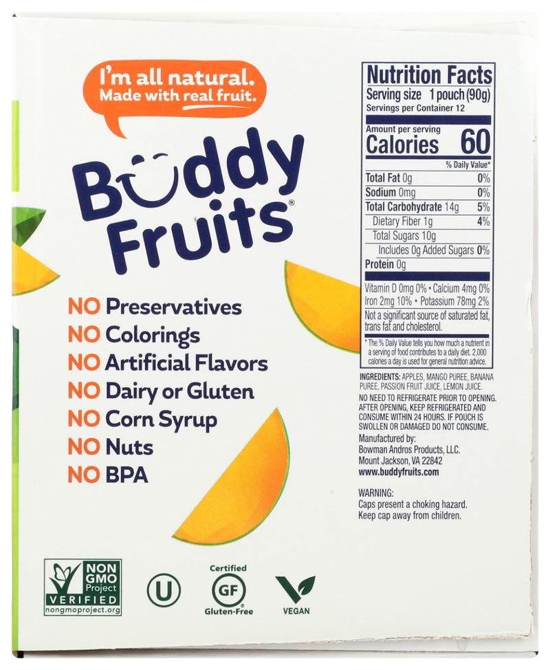 Buddy Fruits: Mango Banana And Passion 12 Pouches Blended Fruits, 38.4 Oz