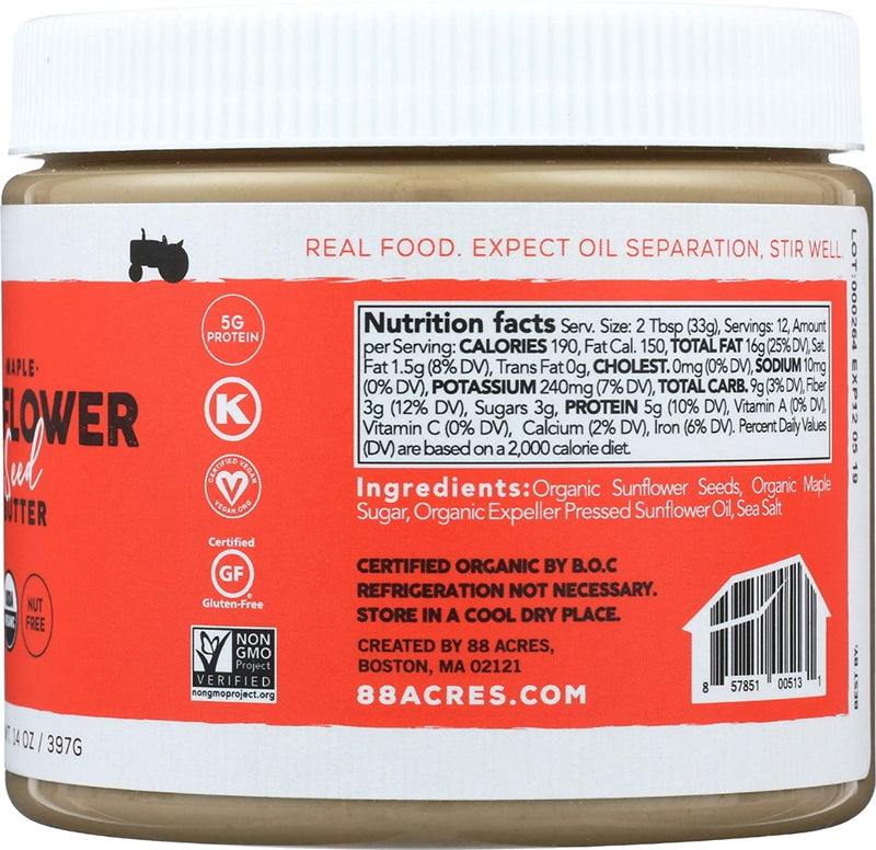 88 Acres: Maple Sunflower Seed Butter, 14 Oz