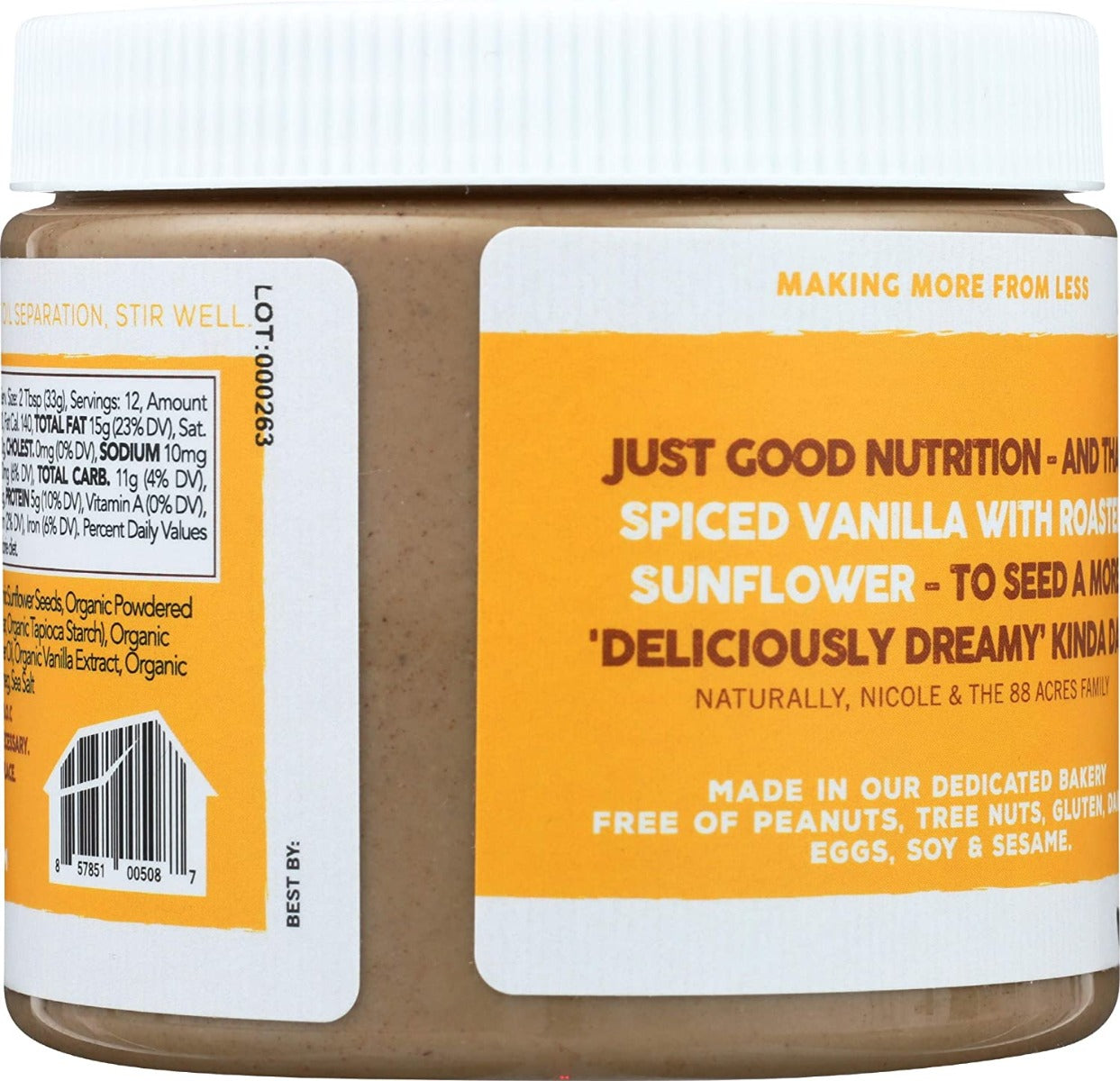 88 Acres: Vanilla Spice Sunflower Seed Butter, 14 Oz