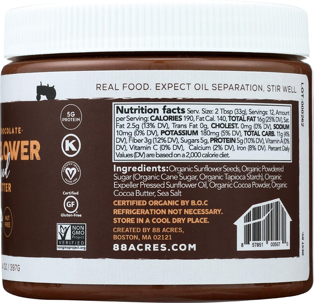 88 Acres: Dark Chocolate Sunflower Seed Butter, 14 Oz