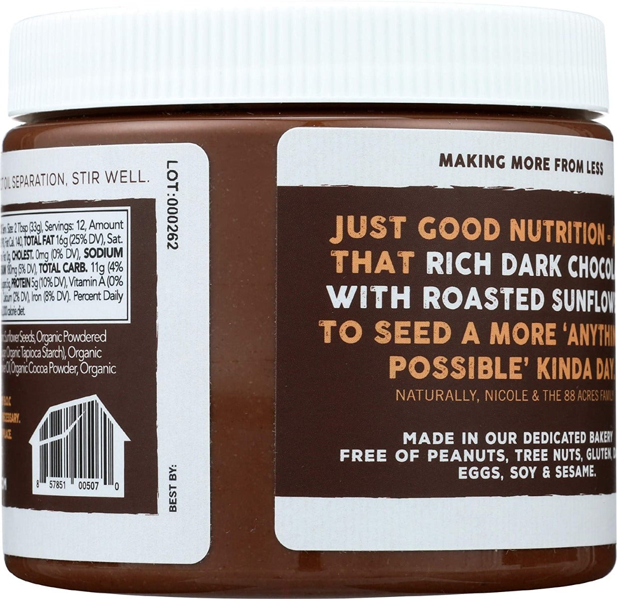 88 Acres: Dark Chocolate Sunflower Seed Butter, 14 Oz