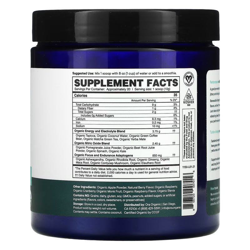 Ora Organic: Renewable Energy Performance Pre Workout Beet & Pomegranate, 200 Gm