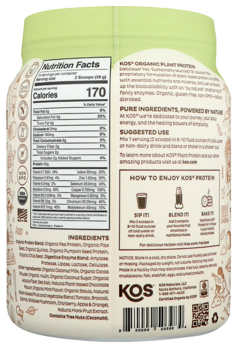 Kos: Chocolate Chip Mint Organic Plant Protein, 20.84 Oz