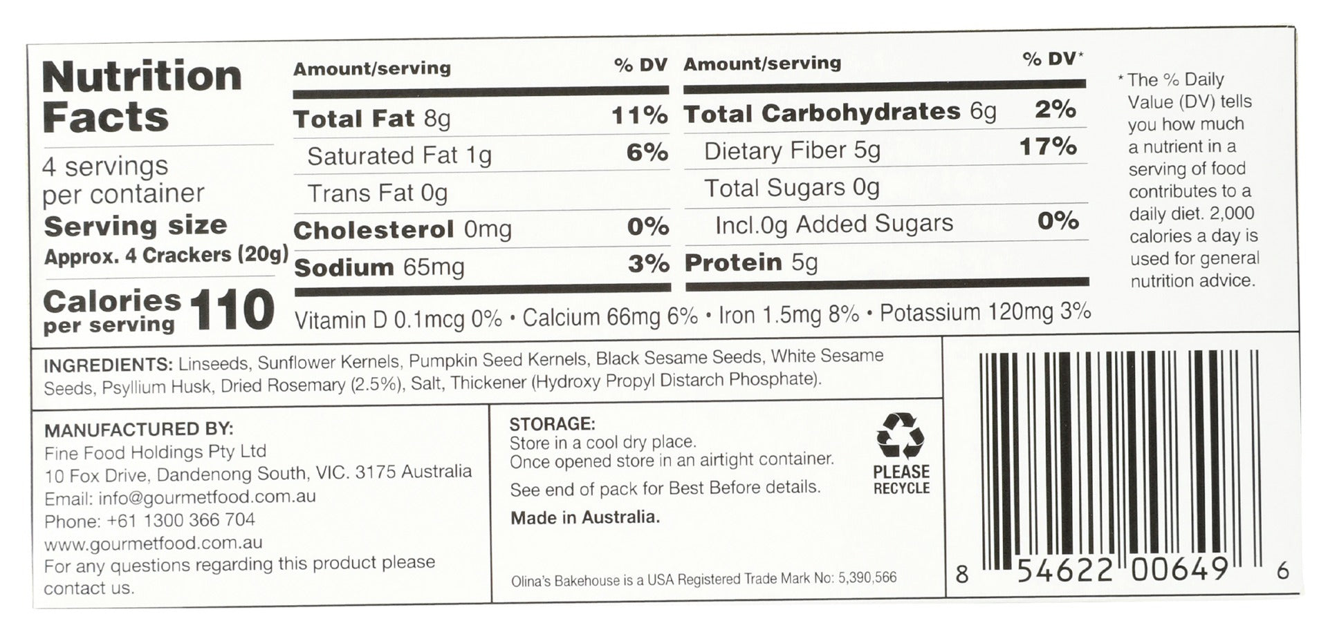 Olinas Bakehouse: Rosemary Simply Seed Crackers, 2.8 Oz