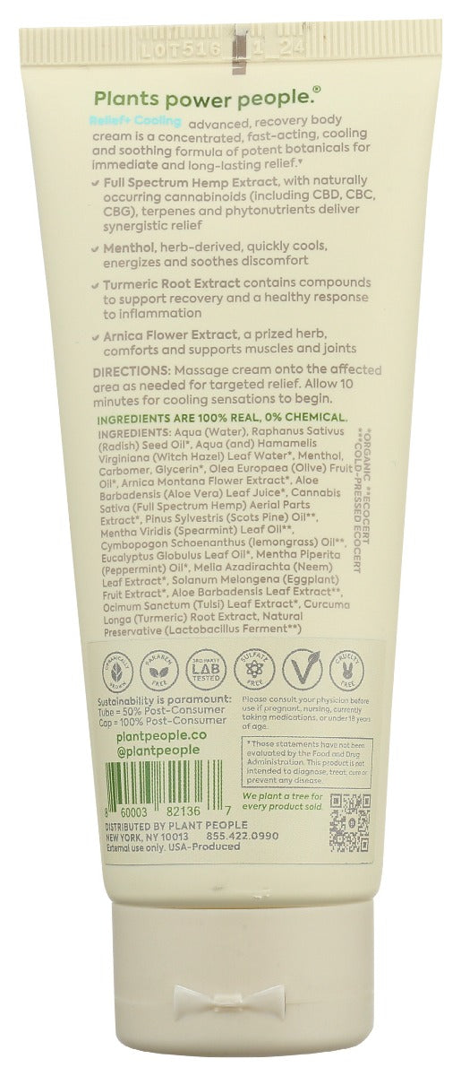 Plant People: Relief Recovery Cooling Body Cream 750 Mg, 3.3 Oz