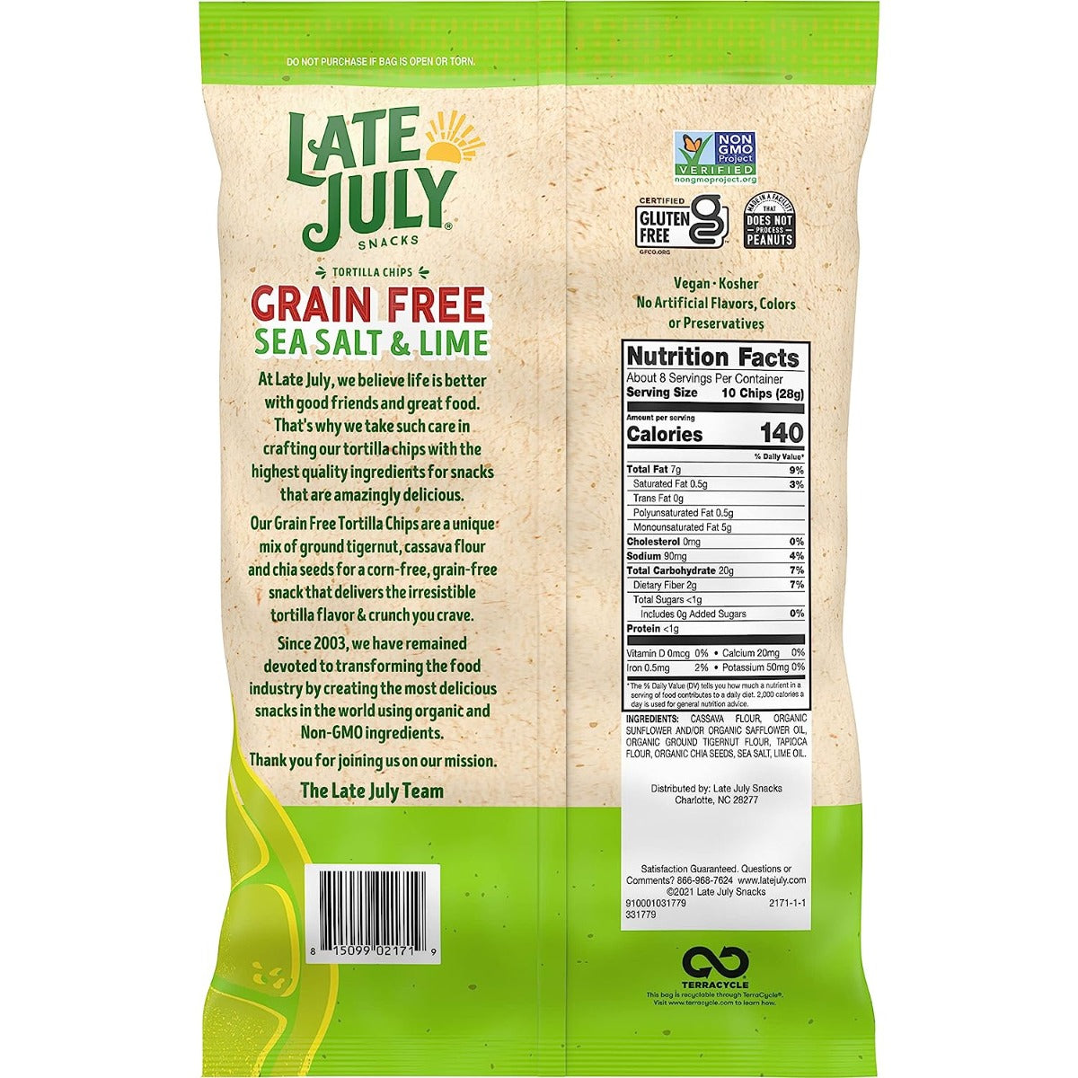 Late July: Grain Free Sea Salt Lime Tortilla Chips, 7.5 Oz