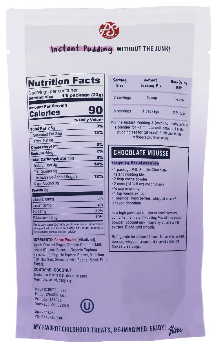 P.S. Snacks Company: Pudding Mix Chocolate, 4.9 Oz