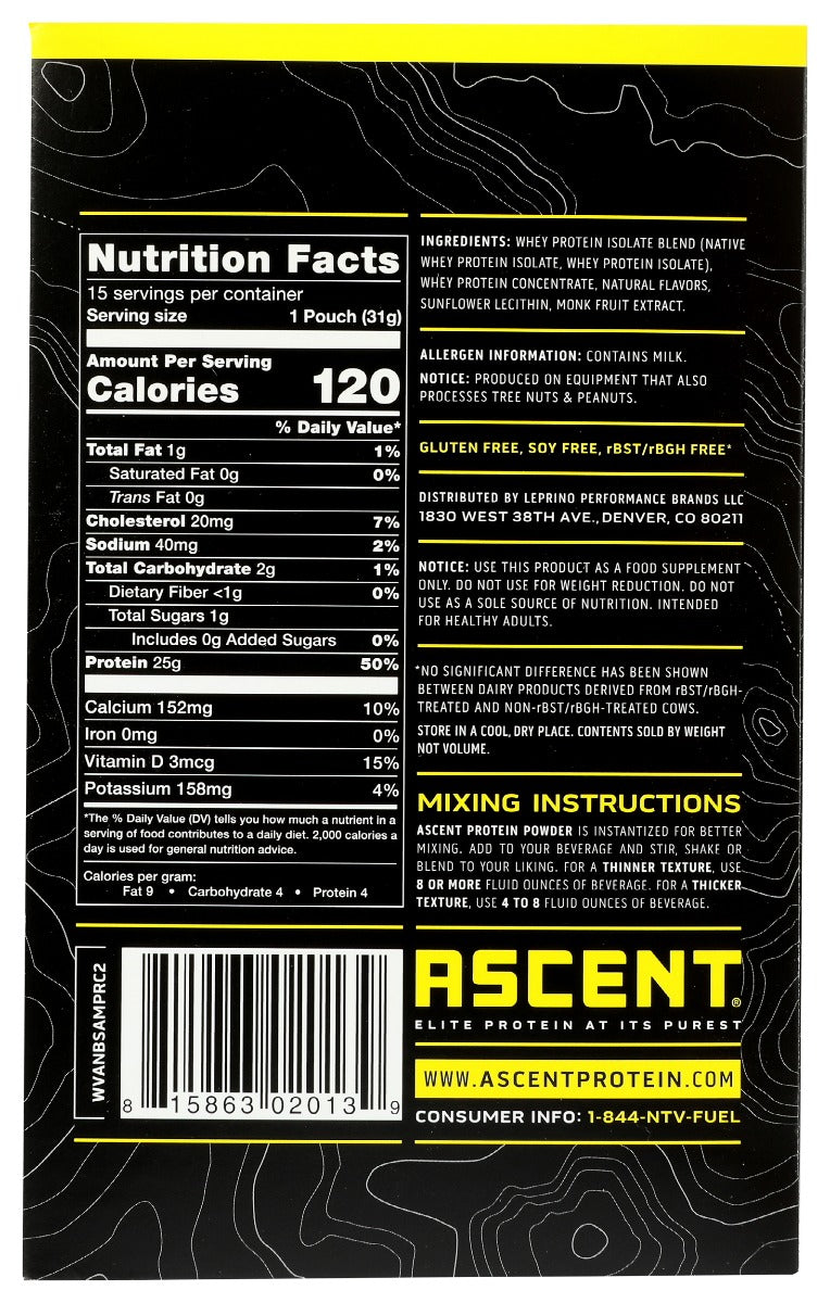 Ascent: Whey Prtn Vanilla Bean 15Pk, 6 Oz