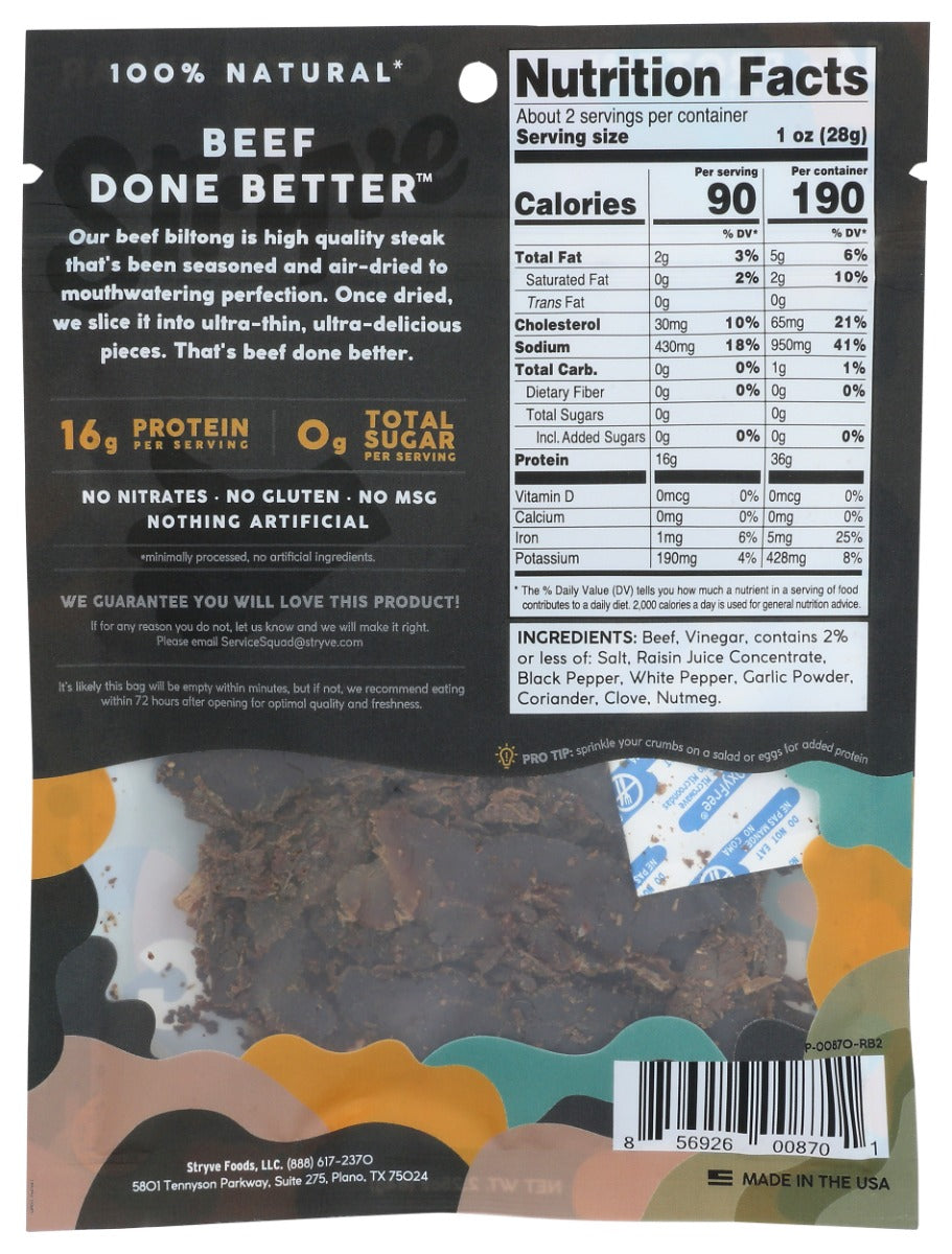 Stryve Protein Snacks: Sliced Beef Biltong Peppered, 2.25 Oz