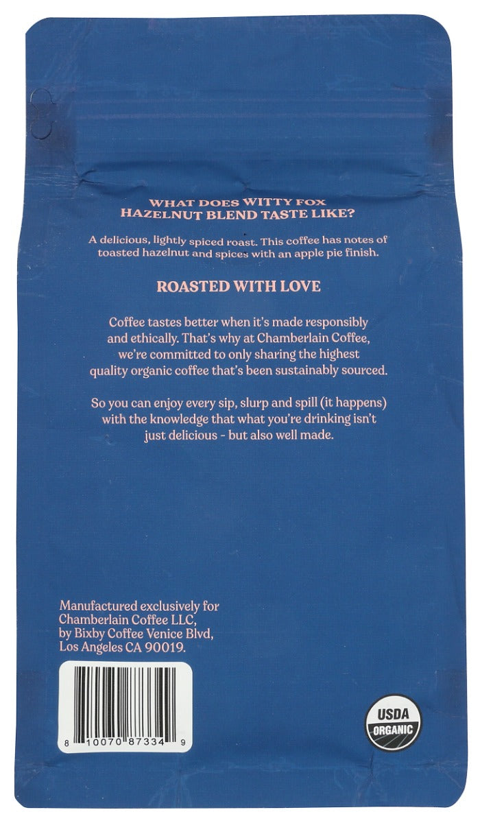 Chamberlain Coffee: Witty Fox Hazelnut Coffee Bag Fresh Ground, 12 Oz